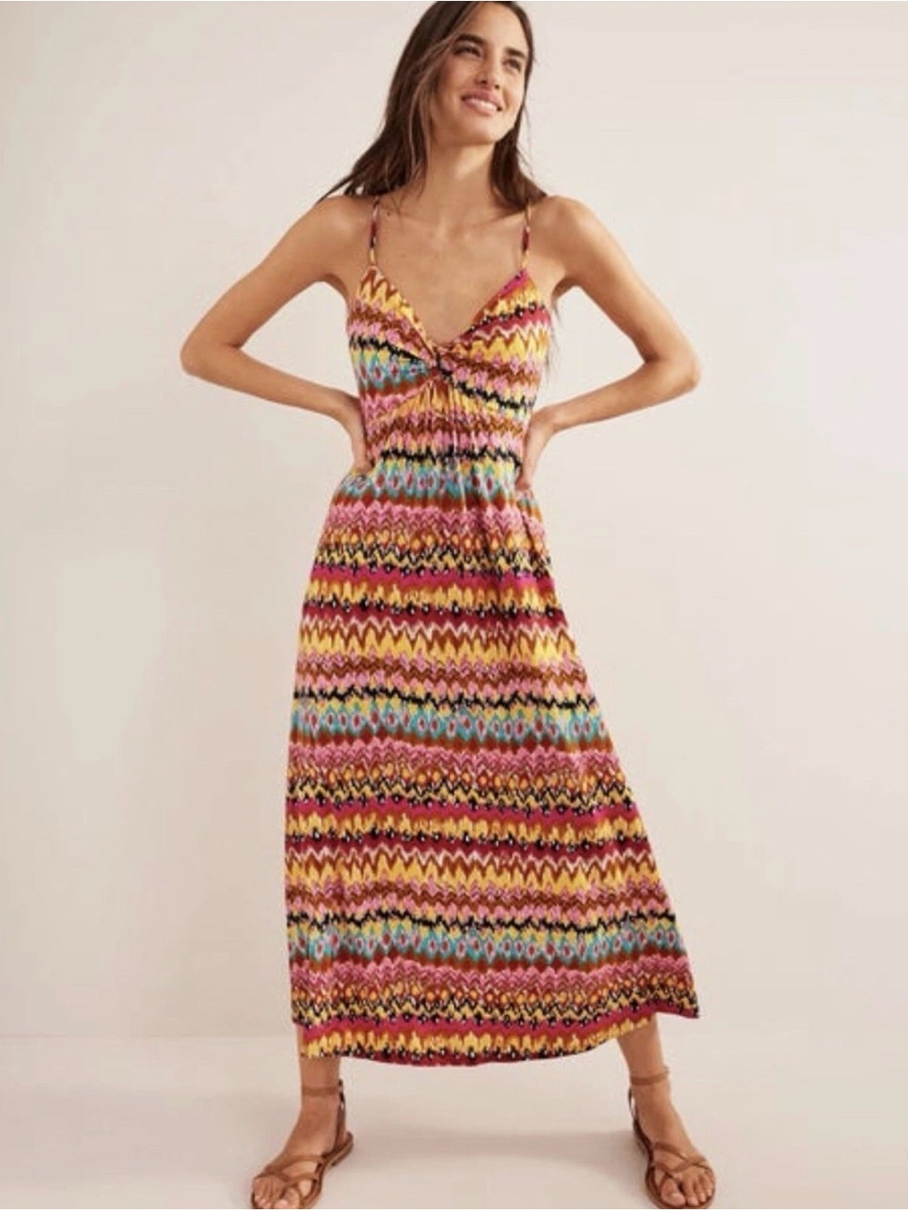 Boden Strappy Jersey Maxi Dress Multi Colored Ikat Size 10R Colorful Boho